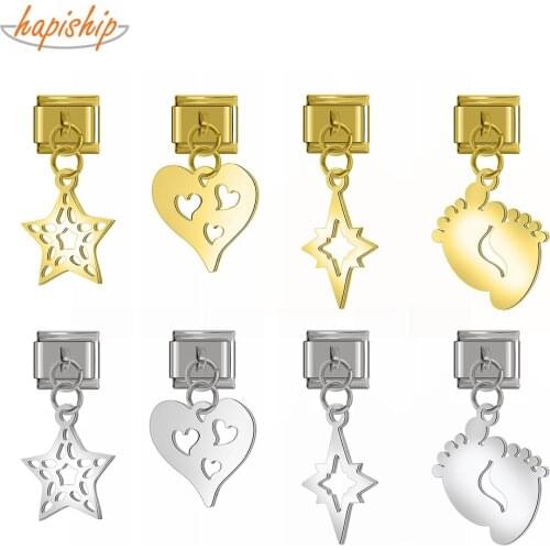 Hapiship 2021 New Original Daisy Cute Heart Star Footprints Charm Links Fit 9mm Bracelet Stainless Steel Jewelry Making DJTop049