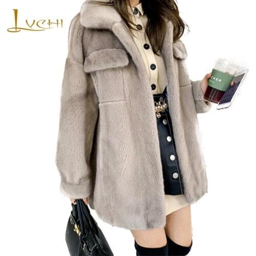 LVCHI 2019 Winter Crown Velvet Mink Fur Coat Women Slim Loss Warm Pure Color Mandarin Collar Real Fur Coat Medium Mink Fur Coats