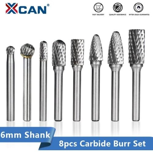 XCAN Carbide Rotary Burr 8PCS 6mm Shank Rotary Cutter File for Metal Milling Double Cut Rotary Burr File