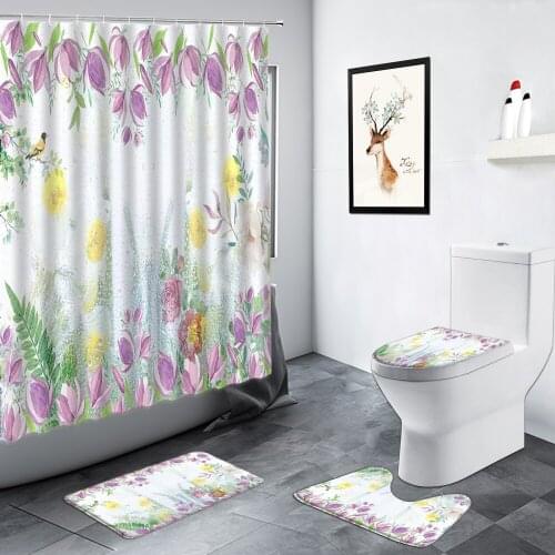 Floral Shower Curtains Bird Flowers Plant Creative Hand Painted Art Simple Home Decor Bathroom Rug Non-slip Toilet Bath Mats Set