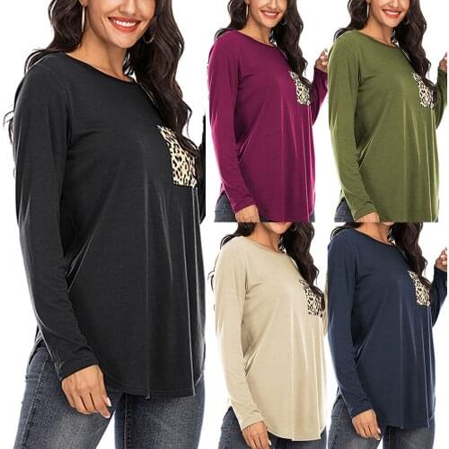 2020 Fall Spring Women Clothes Woman Leopard Print Pocket T-shirt Long Sleeve Round Neck Pullover Long Base Shirt Girl Blouse