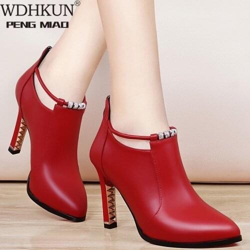 2021new Winter Boots Women Shallow Round Toe Red Womens Boots Thin Heels Zip Ankle Boots Pu Leather Zapatos De Mujer