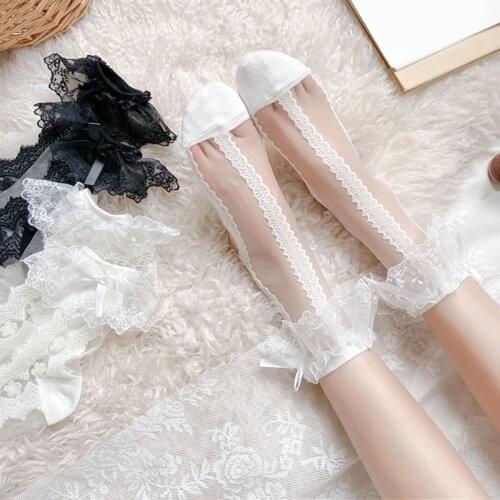 Women Summer Thin Glass Fiber Short Crew Socks Harajuku Lolita Sweet Lace Patterned Ruffle Bowknot Transparent Hosiery