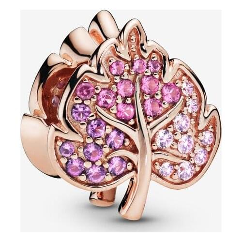 New Original 925 Sterling Silver Bead Rose Pave Leaf Charm Pink Purple Clear CZ Fit Pandora Bracelet Necklace DIY Women Jewelry