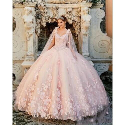 2021 Pink Quinceanera Dress With Cape Beaded 3D Appliques Sweet 16 Dress vestidos de 15 años Pageant Gowns