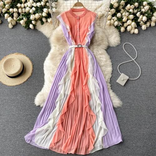 Chiffon Vestidos Womens Summer Dress Fashion 2021 New Color Matching Ruffled Slim Pleated Holiday Midi Dress GL202