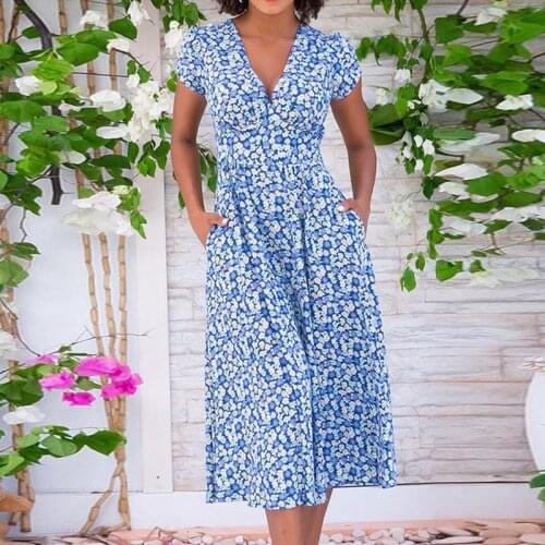Women Clothing Dress Short Sleeve Sexy Dresses Flower Ladies Casual V-Neck Short Summer Dresses Bohemia Spring Summer 2021
