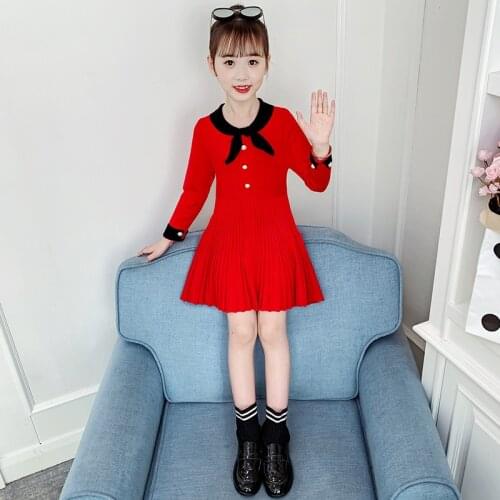 2021 Fashion New Girls Dress Knitting Dress For Girls Contrast Pleated Sweater Dress Princess Dress Child Clothing For 4-9 Age