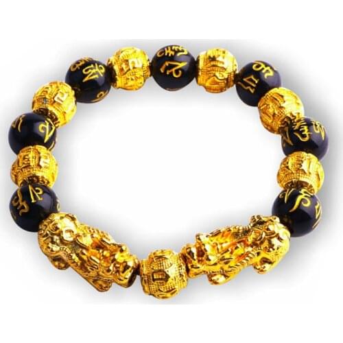 Men Women Feng Shui Bracelet Black Bead Lucky Buddha Hand Chain Attract Wealth Pi Xiu Gold Charm Bracelet Jewelry 14mm