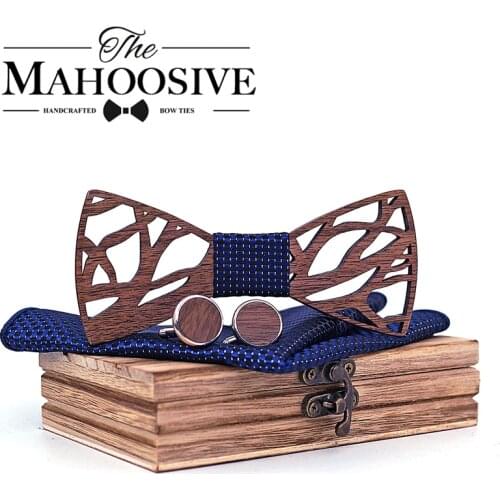 Wooden Bow tie Handkerchief Cufflinks Set for Men Gift Wooden Bow Tie Bowknots for Wedding Party Ties Pocket Square Hanky Cravat