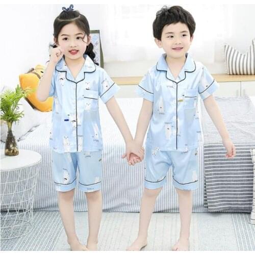 Kids pyjamas satin Childrens Pajamas Boys blue Silk Pajamas Suit for Kid homewear 2020 summer short Sleeve Girls Sleepwear Set