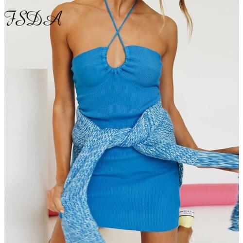 FSDA 2021 Halter Neck Knit Bodycon Dress Women Blue Backless Off Shoulder Summer Casual Orange Sexy Beach Mini Dresses Party