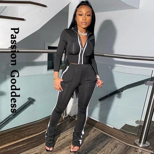 Casual Women 2 Piece Zipper Tracksuit Sets Long Sleeve Cropped Jacket Outcoats High Waist Slim Pants Side Striped Two Piece Fall