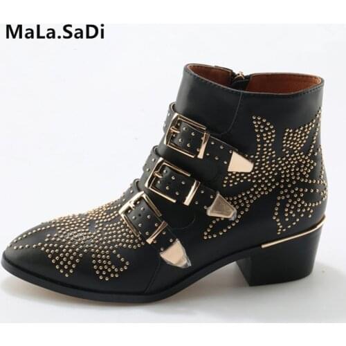 Hot Sale New Fashion Cool Women Sexy Rivets Buckle Ankle Boots High Quality Genuine Leather Med Square Heels Shoes Size 35-42
