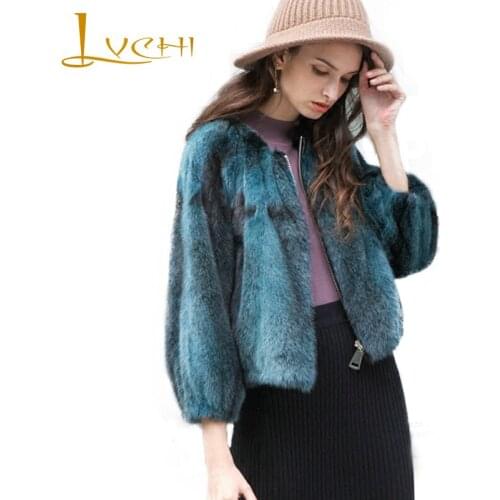 LVCHI Winter 2019 Striped Zipper Blue Cross Mink Fur Coats Womens O-Neck Three Quarter Contrast Color Causal Cross Mink Coats