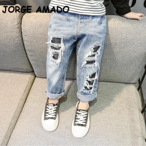 2021 Hot Sale New Korean Style Autumn Kids Boy Girl Jeans Elastic Waist Hole Pocket Trousers Denim Pants Casual Clothes E3280
