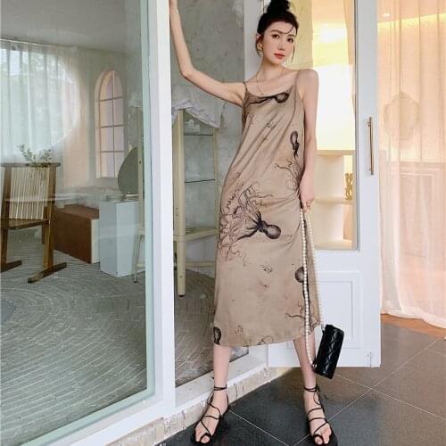 Spaghetti Strap Satin Dress Women Vintage Animal Print Sleeveless Long Dress Summer 2021 Beach Sundress Robe Femme