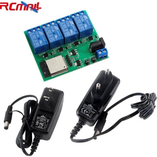 ESP32S 4 Channel Wifi Bluetooth Relay Module IOT Phone APP Control DC6V 0.6A 600mA Power Adapter US/EU Plug