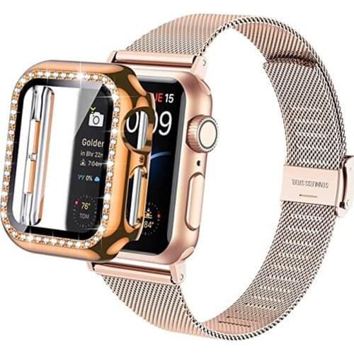 Mesh Slim Loop Strap For Apple Watch 6 Band SE 40mm 44mm with Bling Protective Case For Applewatch 3 42mm 38mm iWatch 5 4 Bands