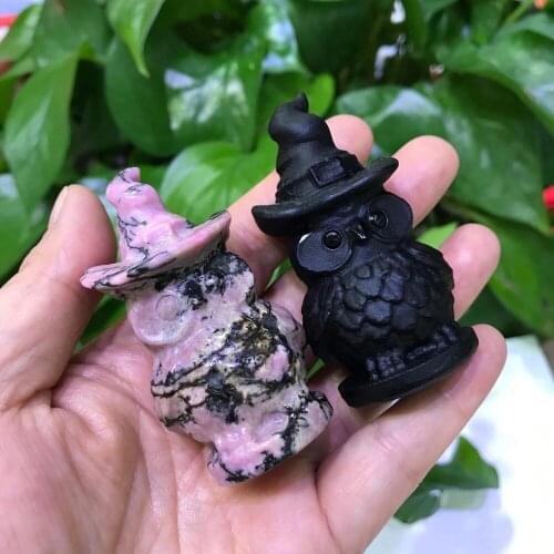 Owl Statue Natural Gem Healing Crystal Animals Figurines Rose Stone Obsidian Carved Reiki Quartz Room Home Decoration Gift