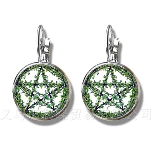 Supernatural Wickedest Pentacle Satanic Earrings 16mm Glass Cabochon Goth Silver Plated Stud Ear Wiccan Star Best Gifts