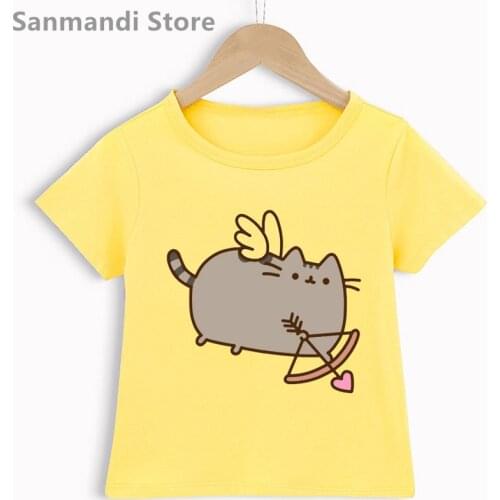 Funny Coffee Cat Archery Cartoon Print Tshirt Girls/Boys Cute Kids Clothes Summer Toddler 3-13 Years T Shirt Kawaii T-Shirt Top