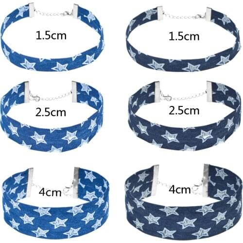 Handmade Wide Denim Choker Necklaces Star Print Blue Jeans Sexy Choker Necklace for Women