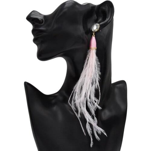 Bohemian Long Feather Earrings for Women Big Statement Earring Tassel Rhinestone Drop Earrings Ethnic Cocktail Party Jewelry