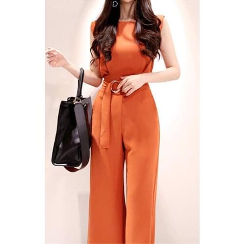 Women 2021 Summer O-Neck Sleeveless Solid Jumpsuits female fashion High Waist Sashes ladies Casual Wide Leg Romper overalls U188