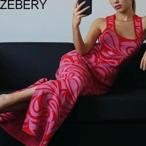ZEBERY Backless 2021 Summer Y2K Midi Knit Dress Women Sleeveless Pink Off Shoulder Beach Split Party Sexy Bodycon Dresses