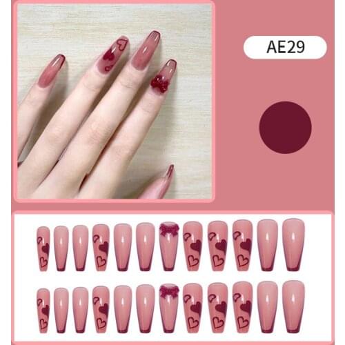 24Pcs Peach Heart Bow False Nails Ballerina Pink Wearable Fake Nails Full Cover Nail Tips fake nail with design Manicure Tool NN