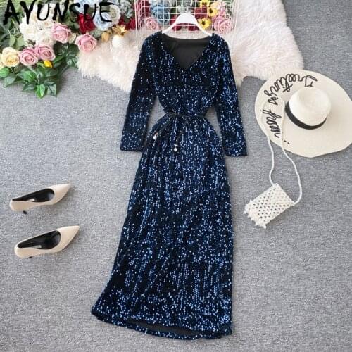 AYUNSUE Long Dresses Woman Party Night Long Sleeve Elegant Sequin Dress Autumn Winter Vintage Glitter Dress Vestidos Mujer J4036
