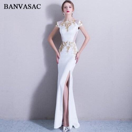 BANVASAC 2020 Crystal O Neck Gold Lace Appliques Split Mermaid Long Evening Dresses Party Short Cap Sleeve Prom Gowns