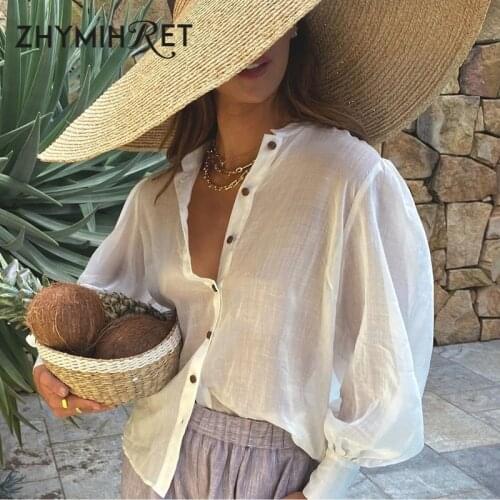 ZHYMIHRET White Stand Collar Cotton Loose Blouses Shirts Woman 2021 Summer Casual Long Lantern Sleeve Button Womens Shirt