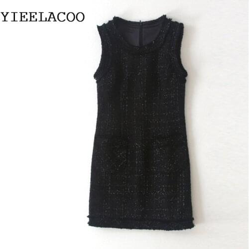 Black tweed dress sleeveless 2020 spring / autumn womens dress tassel ladies slim bottoming dress one-piece