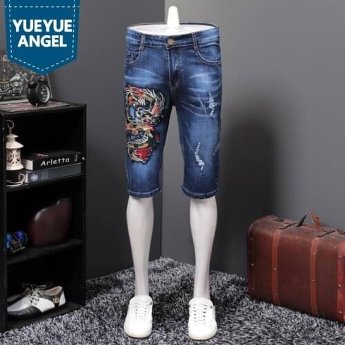 Summer Dragon Embroidery Mens Straight Knee Length Denim Pants Fashion Lighweight Elastic Hole Ripped Slim Fit Jeans Plus Size