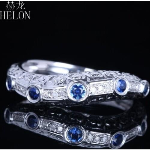 HELON Sterling Silver 925 0.3ct Genuine Natural Diamonds & Sapphires Engagement Wedding Ring Women Vintage Antique Fine Jewelry