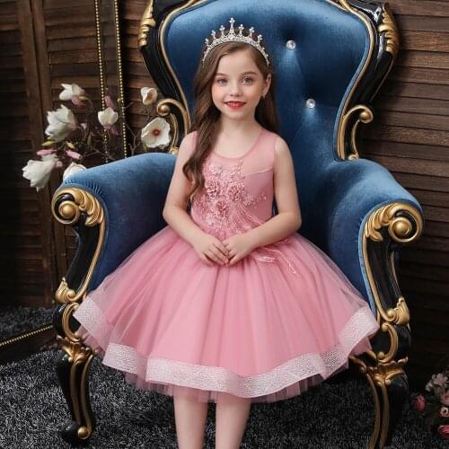 Summer hot-selling small and medium-sized childrens catwalk dress, tutu skirt, pure color peacock feather style applique dress