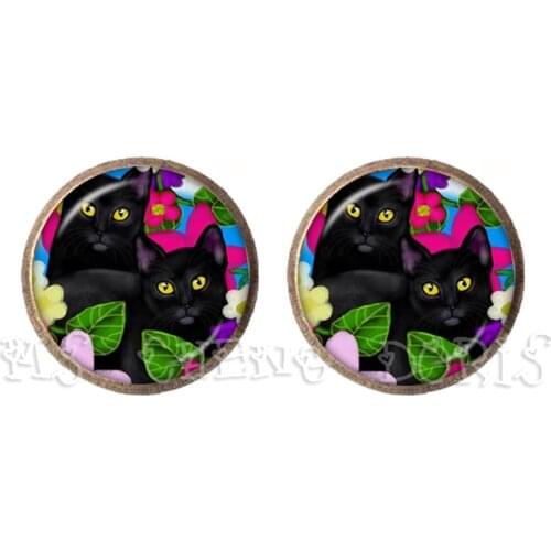 Fashion Lovely Cartoon Cats Beauty 12mm Round Photo Glass Cabochon Stud Earrings New Cats Silhouette Stud Earring Jewelry