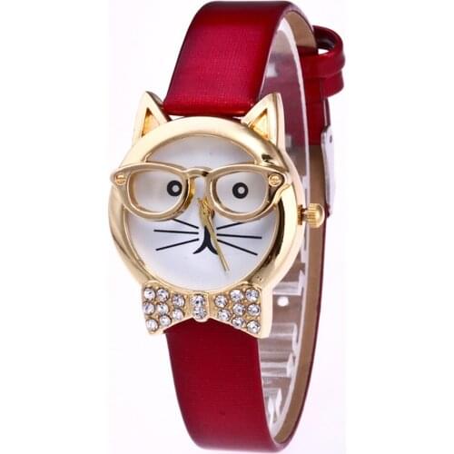 Fashion Casual Brand Womens Whatches Dress Gift Cute Glasses Cat Women Analog Quartz Dial Wrist Watch bayan saat reloj mujer *Y