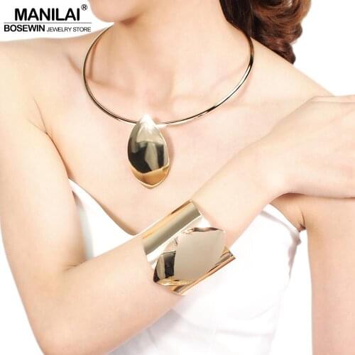 MANILAI Shiny Metal Statement Choker Punk Jewelry Set Big Bangle Torques Geometric Necklace Bracelet Sets Women Fashion