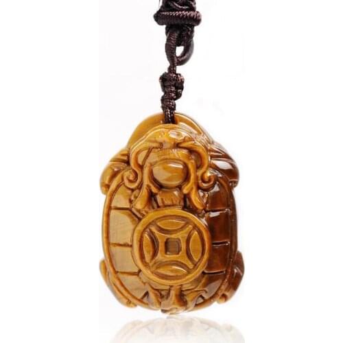 Natural Yellow Tiger eye Stone Pendant Carved Chinese Dragon Turtle Necklace Lucky Amulet Bring Wealth Men Jades Jewelry