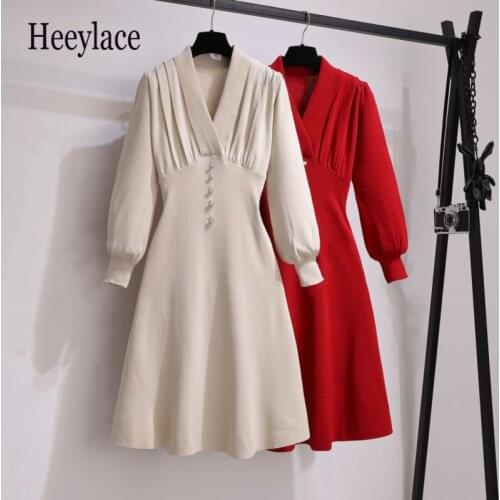 Fall Winter Warm Knitted Sweater Dresses French Vintage Elegant Long Sleeve High Waist Slim A-line Knitting Vestidos Korean Robe