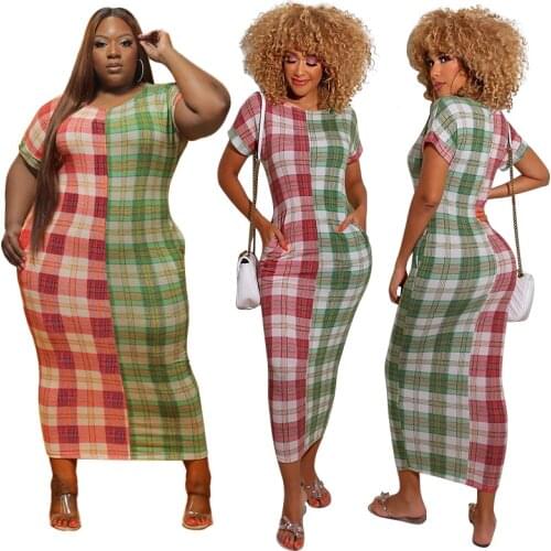 Echoine Checkered Color Matching Plus Size Women Dress Oversized Plaid Patchwork Curved Outfit