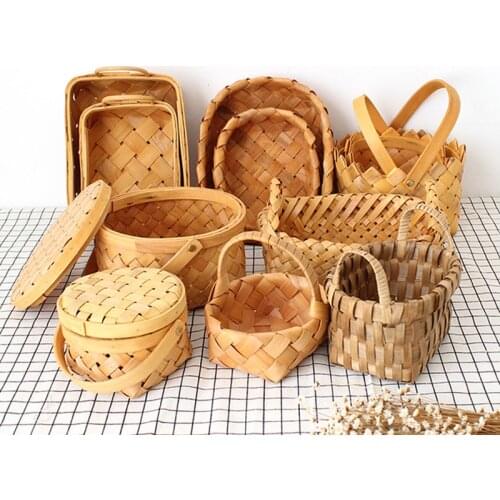 Handmade Woven Bread Fruit Basket Japanese Wood Chip Egg Sundries Box Garden Handle Camping Picnic Snacks Storage Bag 20 Sizes