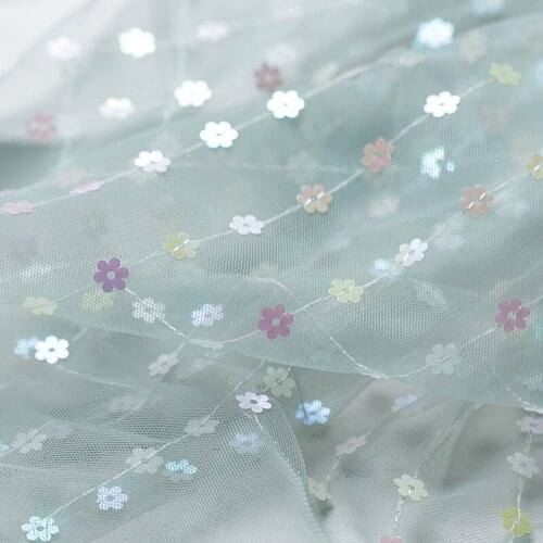 Light Green Mesh Fabric With Colorful Flower Beads Embroidered skirt childrens clothing fabric decoration background cloth