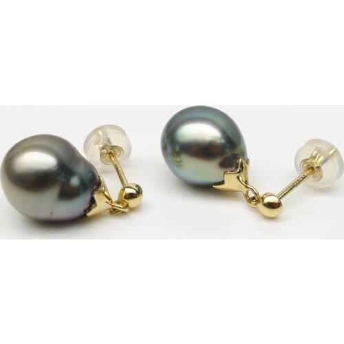 Luminous 9*11mm Real Tahitian Cultured Green Pearl Drop Earrings 14K Yellow Gold