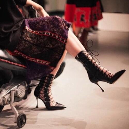 9CM high heel woman Lace-up pointed toe high heel ankle boots women black lace up high heel stiletto zipper boots