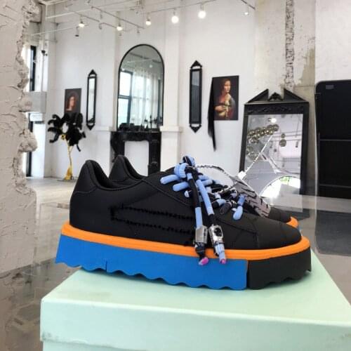 RunWay Casual Designer Women Zip Tie Trainer Black Genuine Leather Patchwork Lace Up Thick Sole Casual Shoes Bumper Sneakers