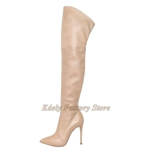 Nude Beige Leather Luxury Over The Knee Long Boots High Heel Shoes Women Pointed Toe Gladiator Fashion Thigh High Boot Plus Size